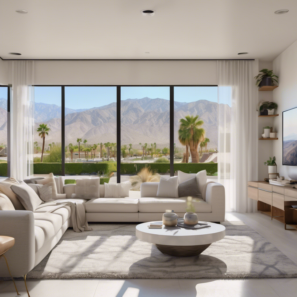 A clean and organized living room with a beautiful view of the Palm Springs mountains - airbnb host tips