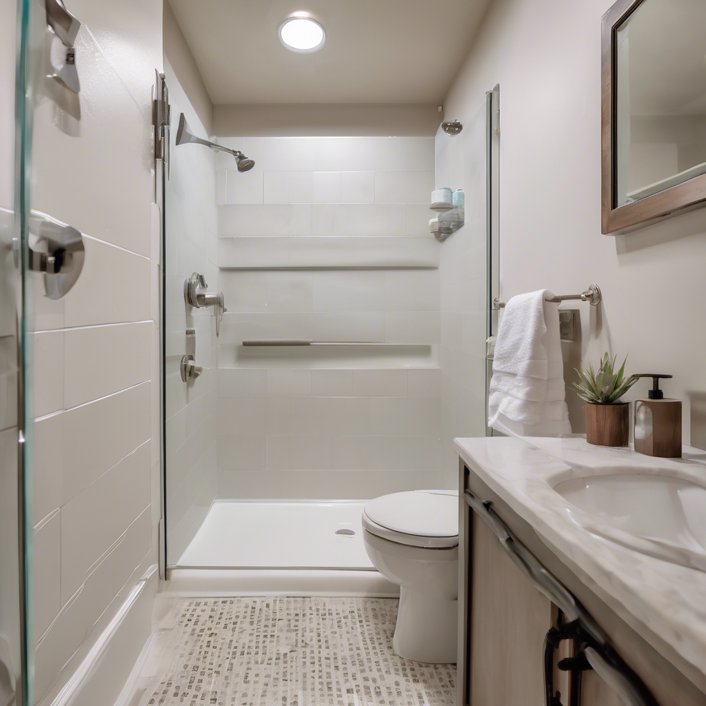 A low-flow showerhead and toilet in a bathroom in indio - airbnb cleaning hacks by Poppy House Cleaning