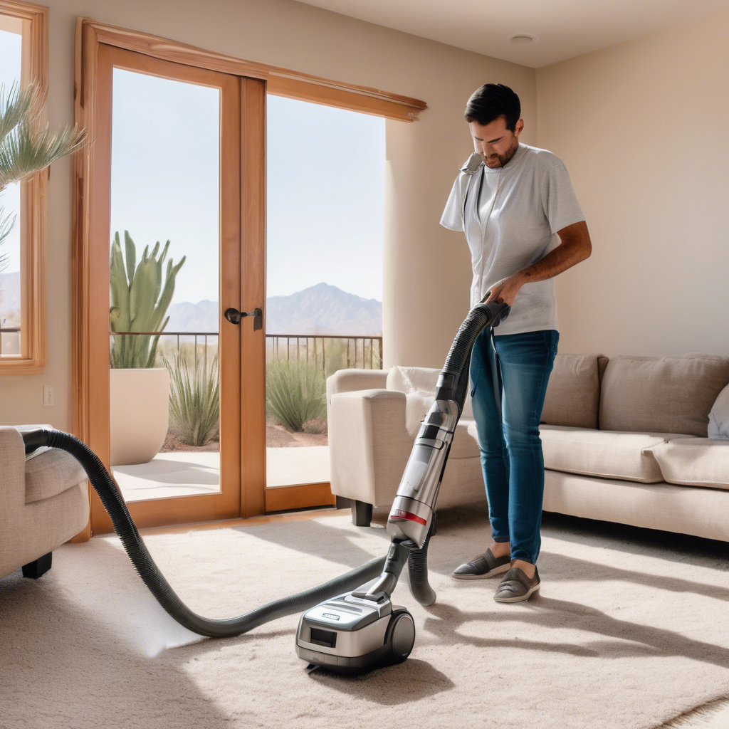 A photo of a person using a vacuum cleaner with a hepa filter in a desert climate. in indian wells - eco cleaning