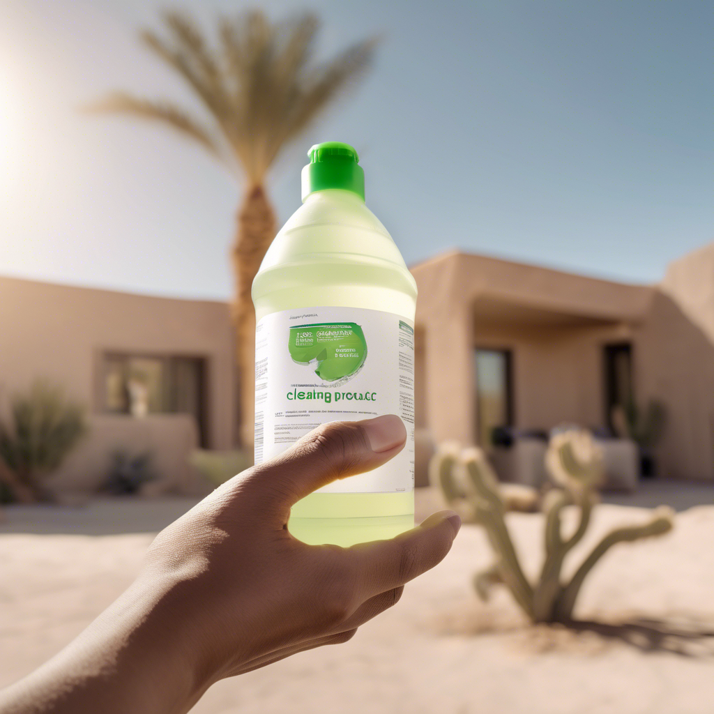 A photo of a person holding a bottle of eco-friendly cleaning product in a desert climate. in indian wells - eco cleaning