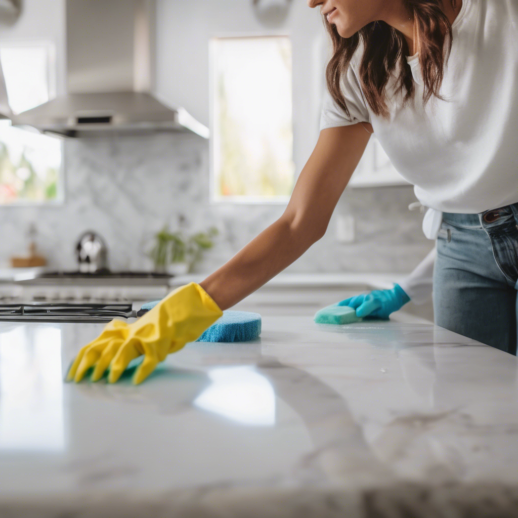 A person using a disinfectant to deep clean a kitchen surface in coachella valley - house cleaning frequency