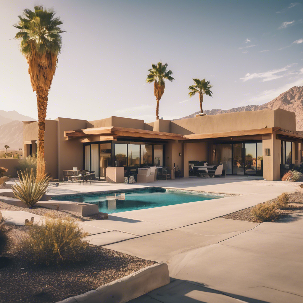 A photo of a beautiful indio home with a desert landscape in the background - airbnb damage policy by Poppy House Cleaning