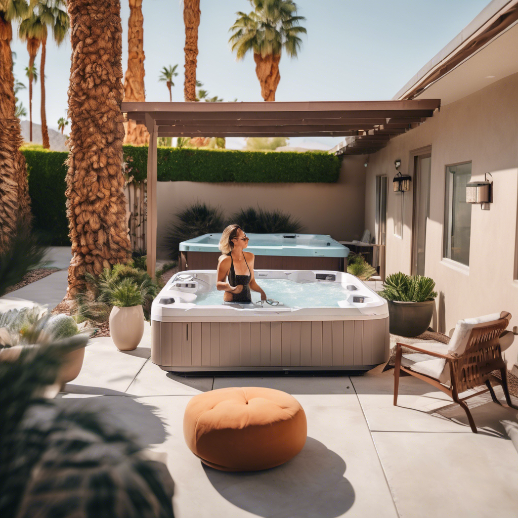 A guest enjoying a private patio with a hot tub in Palm Springs - airbnb amenities by Poppy House Cleaning