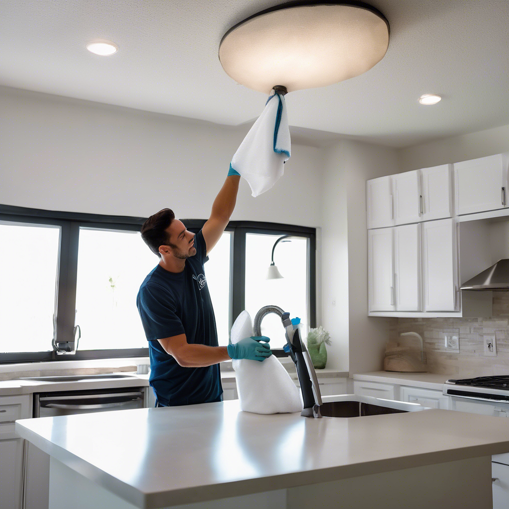 A professional cleaner using a microfiber cloth to dust a light fixture in a rental unit in coachella valley - rental unit cleaning