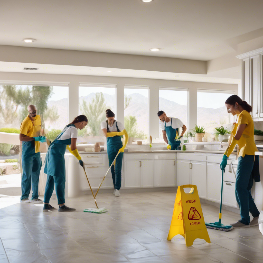 A team of cleaners using eco-friendly cleaning products to clean a kitchen in a rental unit in coachella valley - rental unit cleaning