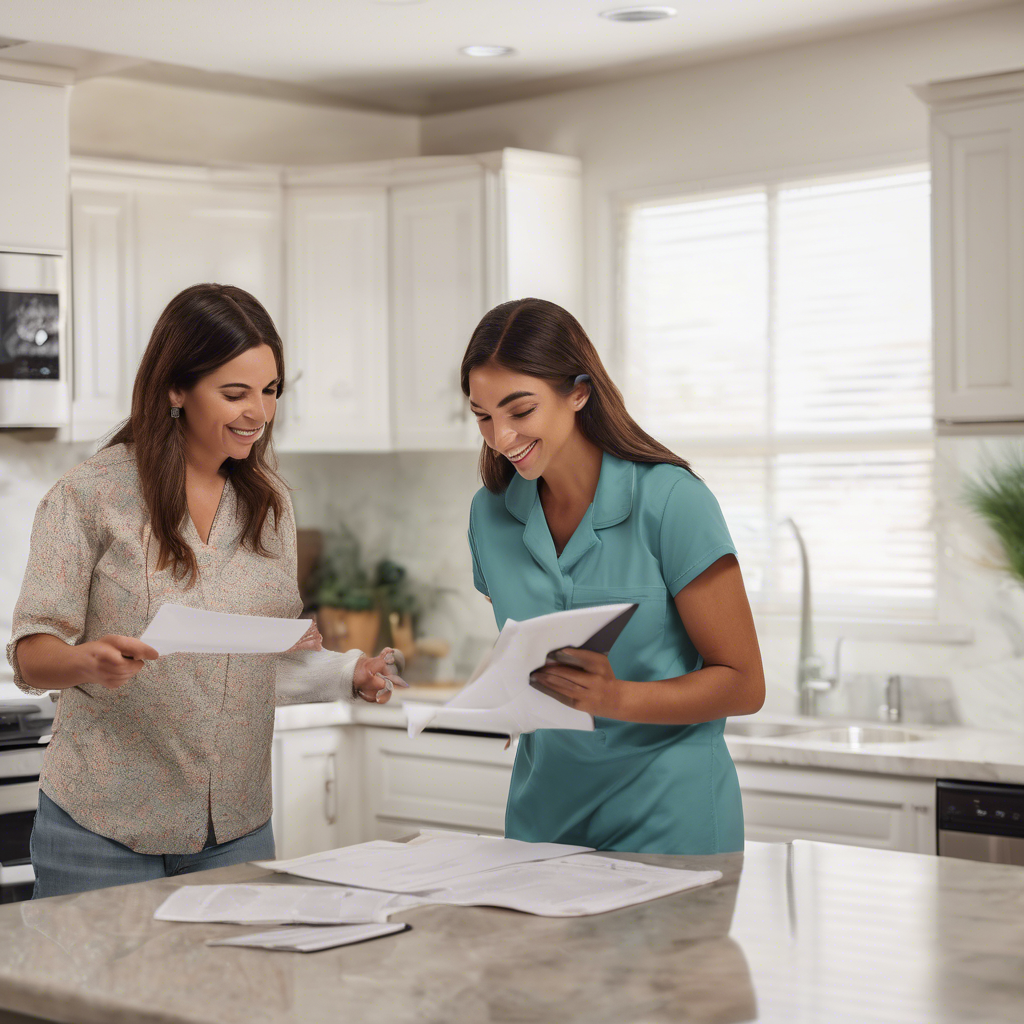 A satisfied customer reviewing a cleaning report with a poppy house cleaning representative in coachella valley - rental unit cleaning