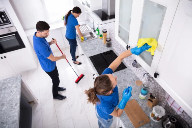 Two women and one man cleaning home and office