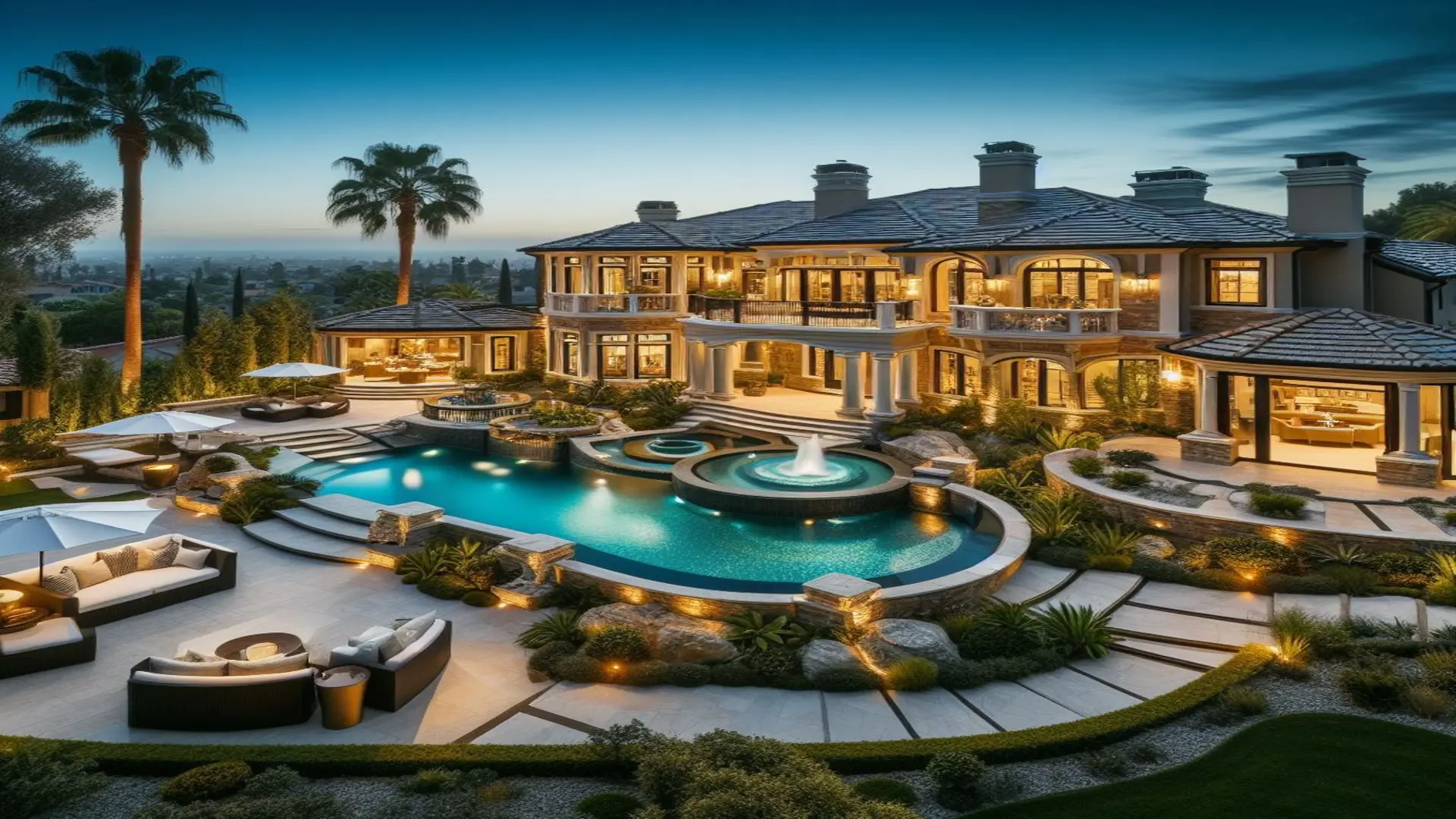 uxurious Home with Pool and Palm Trees at Night