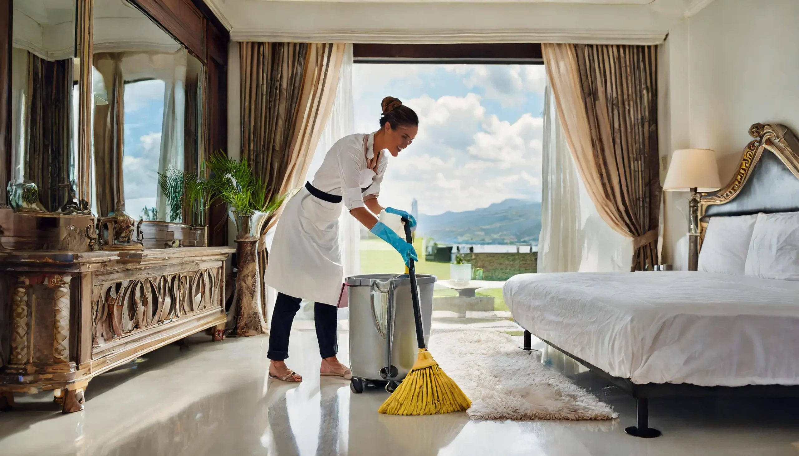 Woman cleaning floor in luxury home