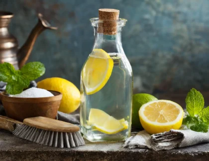 Bottle of vinegar and eco-friendly cleaning brush