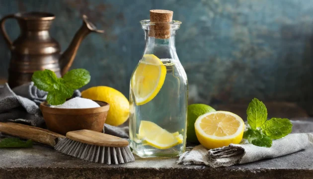 Bottle of vinegar and eco-friendly cleaning brush