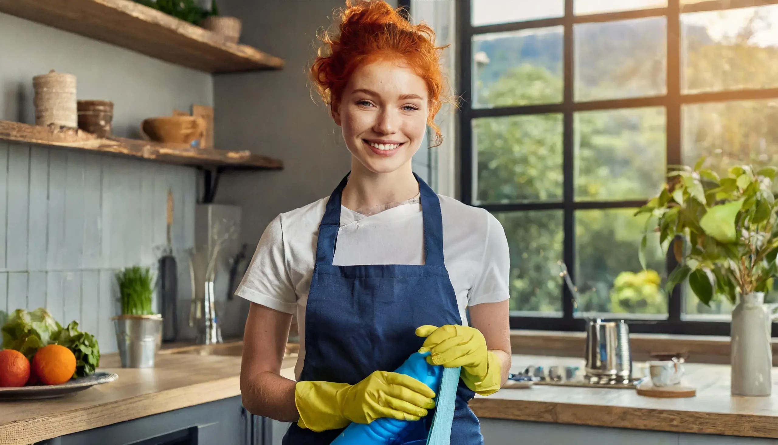 Professional Cleaning Services for Orange County employee in overalls at kitchen home