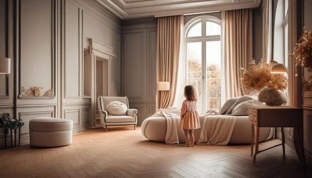 Preparing Your Home for Baby: Luxurious nursery with a mountain view. Create a magical space for your little one, where warmth and soft materials welcome them, along with a stunning view of the surrounding mountains. Perfectly preparing your home for the newest addition to your family.