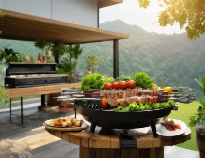 BBQ grill in a luxurious home in Southern California, Orange County, where the whole family is enjoying a BBQ dinner.