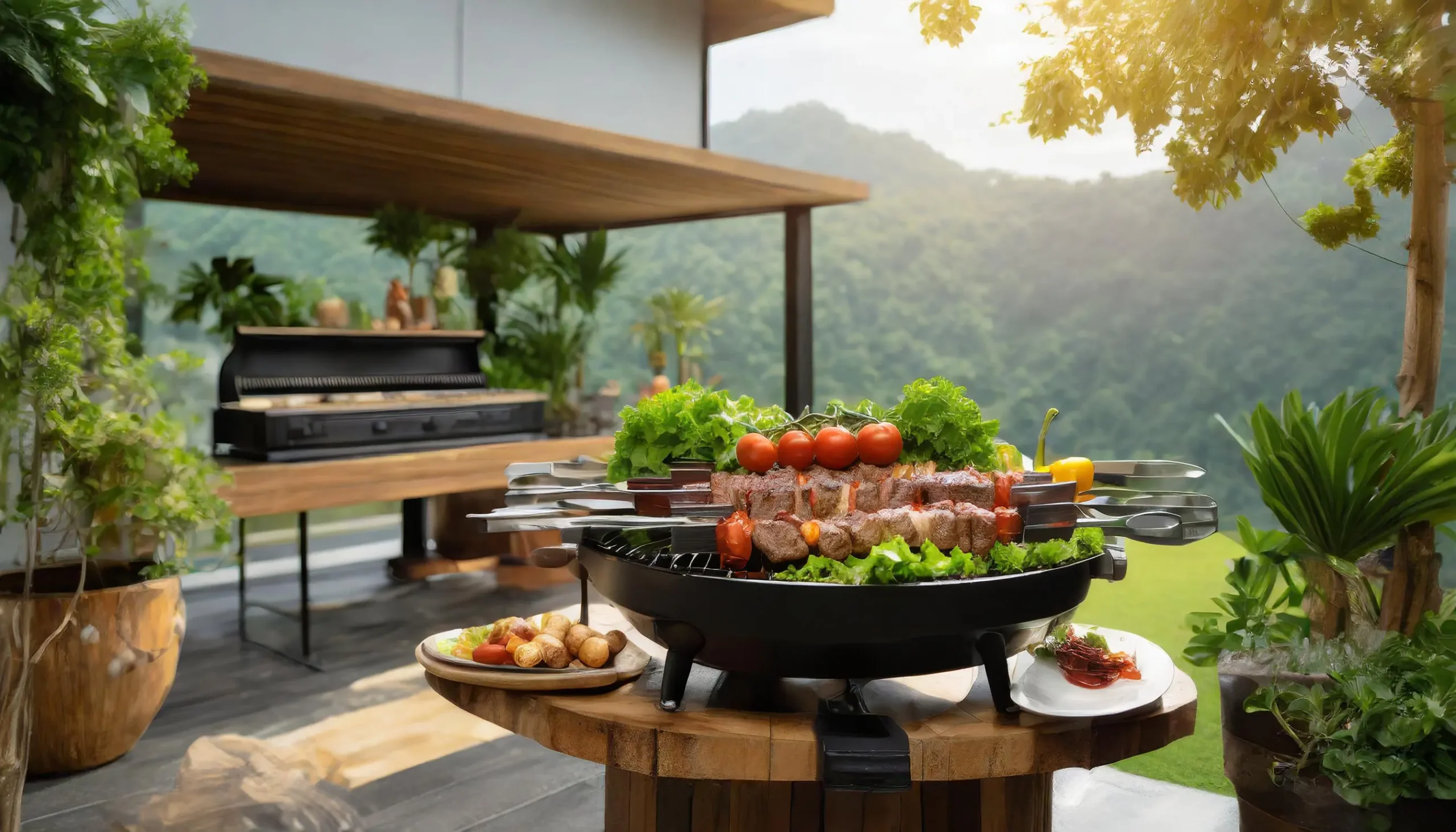 BBQ grill in a luxurious home in Southern California, Orange County, where the whole family is enjoying a BBQ dinner.