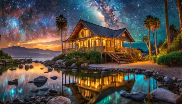 Luxurious illuminated wooden house with pristine surroundings and a stunning reflection of the Milky Way in the water, highlighting the Difference Between Housekeeping and House Cleaning.