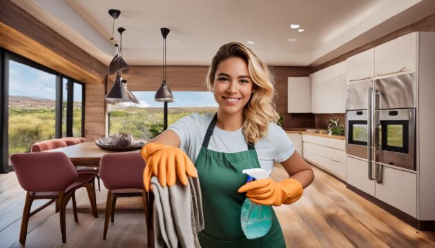 Young beautiful girl cleans a modern kitchen - House cleaning service in Newport Beach to maximize Airbnb ratings