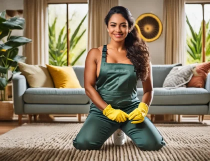 Beautiful woman cleaning carpet with five top carpet cleaning techniques from Poppy House Cleaning