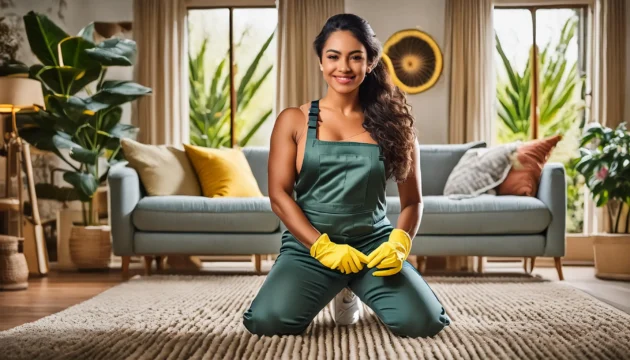 Beautiful woman cleaning carpet with five top carpet cleaning techniques from Poppy House Cleaning