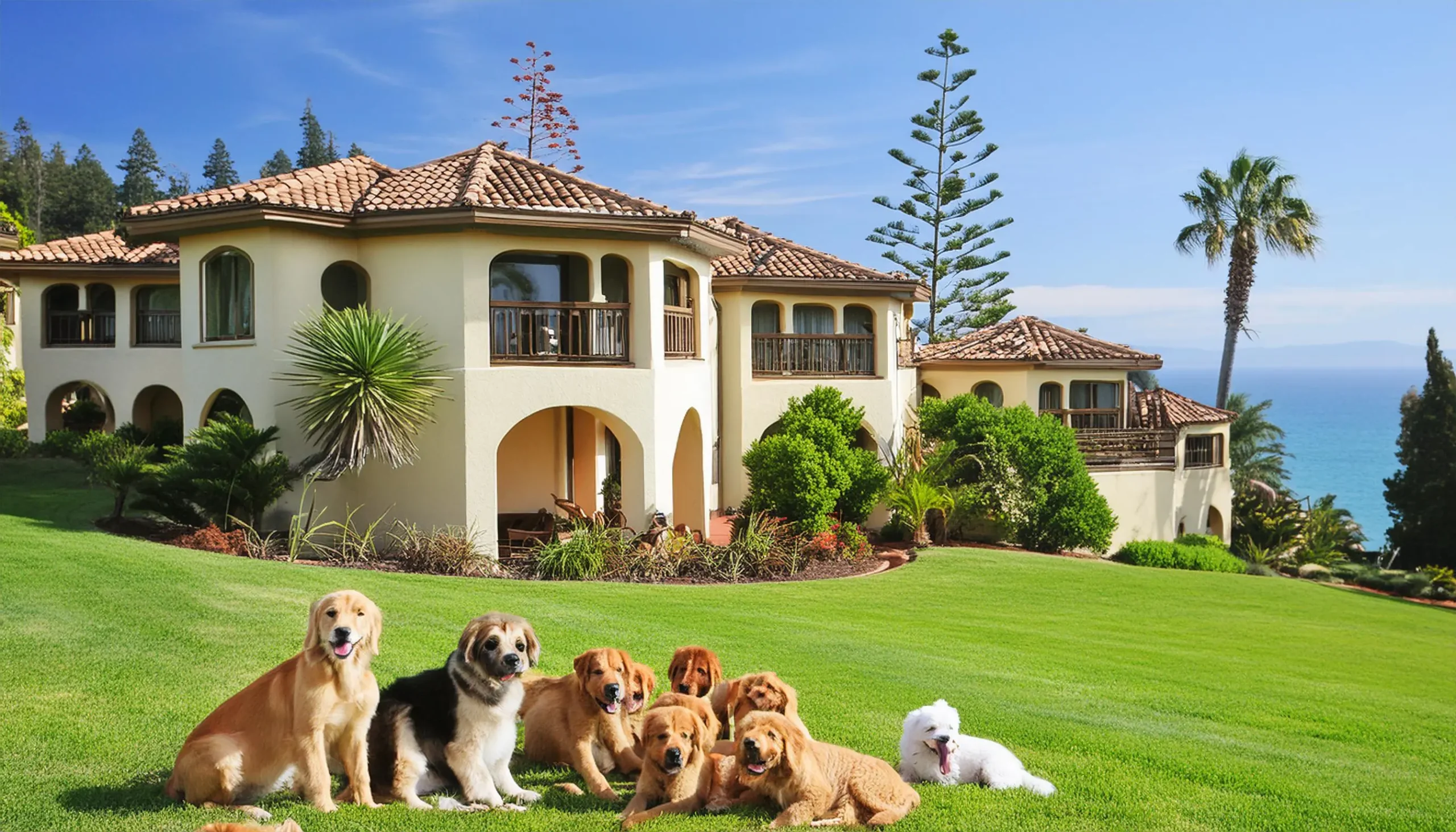 Beautiful luxury home in California with multiple dogs in the background, lush greenery, a large pool, and beautiful lights at sunset with hills in the backdrop. Pet Owners Cleaning Guide: How to Keep Your Home Hair-Free and Fresh.